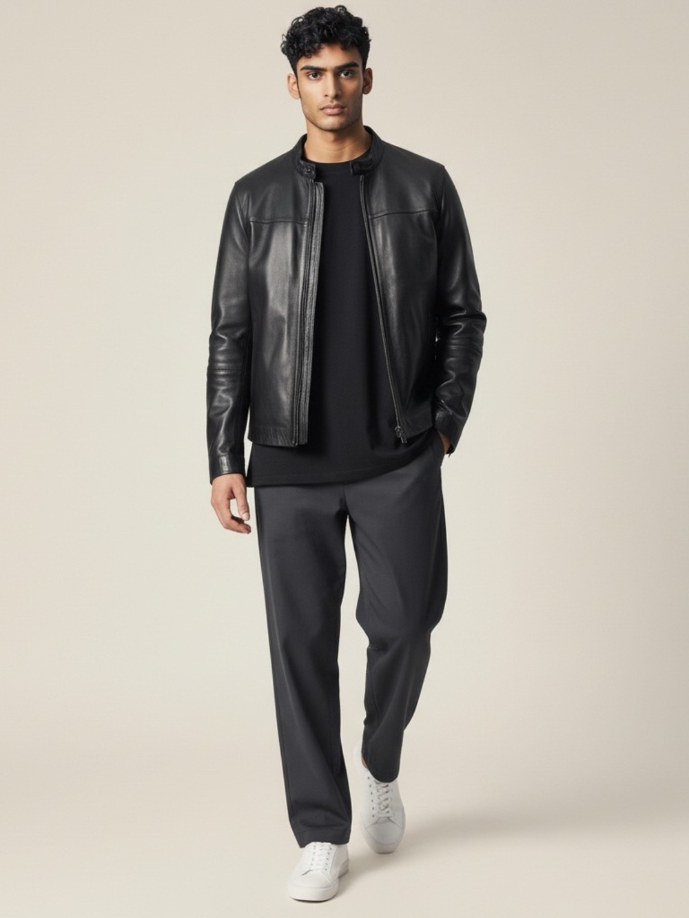 Kenneth Cole Reaction Men's Black Leather Zip-Front Jacket Pockets Large